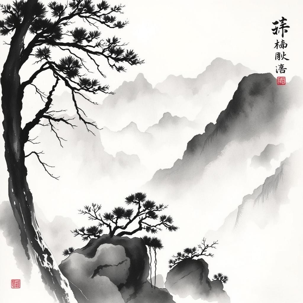 Misty Ink Wash Mountain Landscape Art in Shanshui Style
