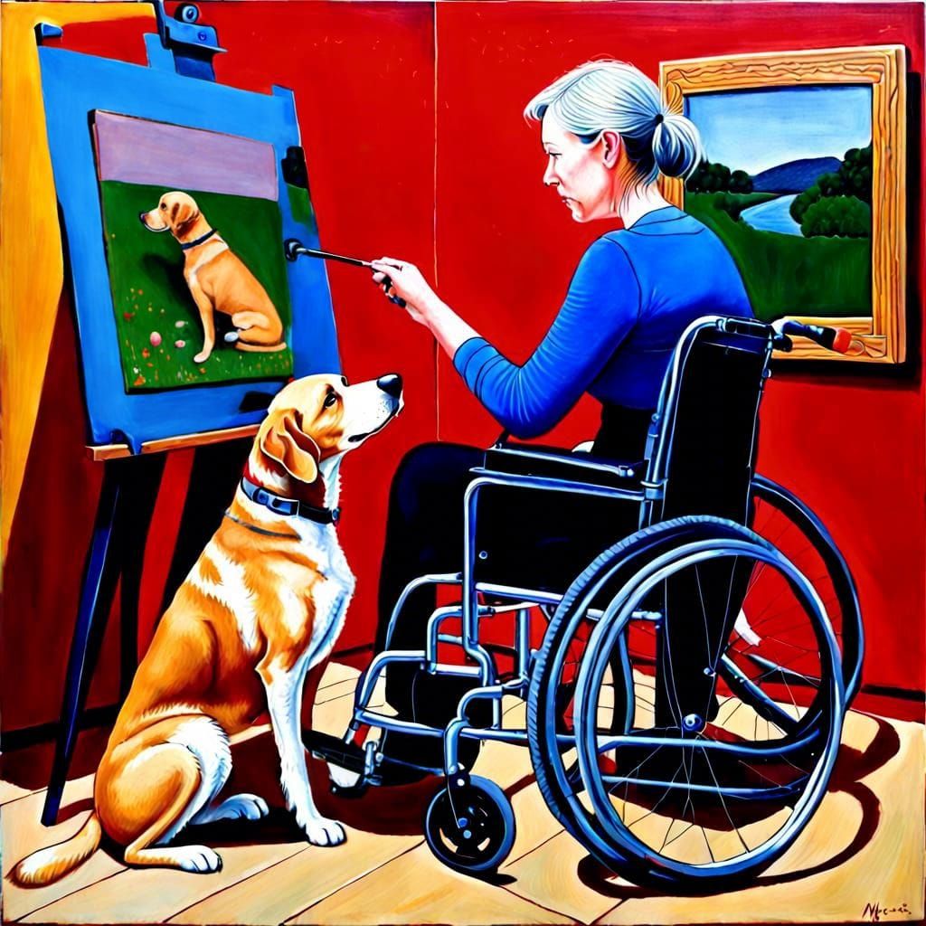 Artist Painting Service Dog Portrait in Egg Tempera