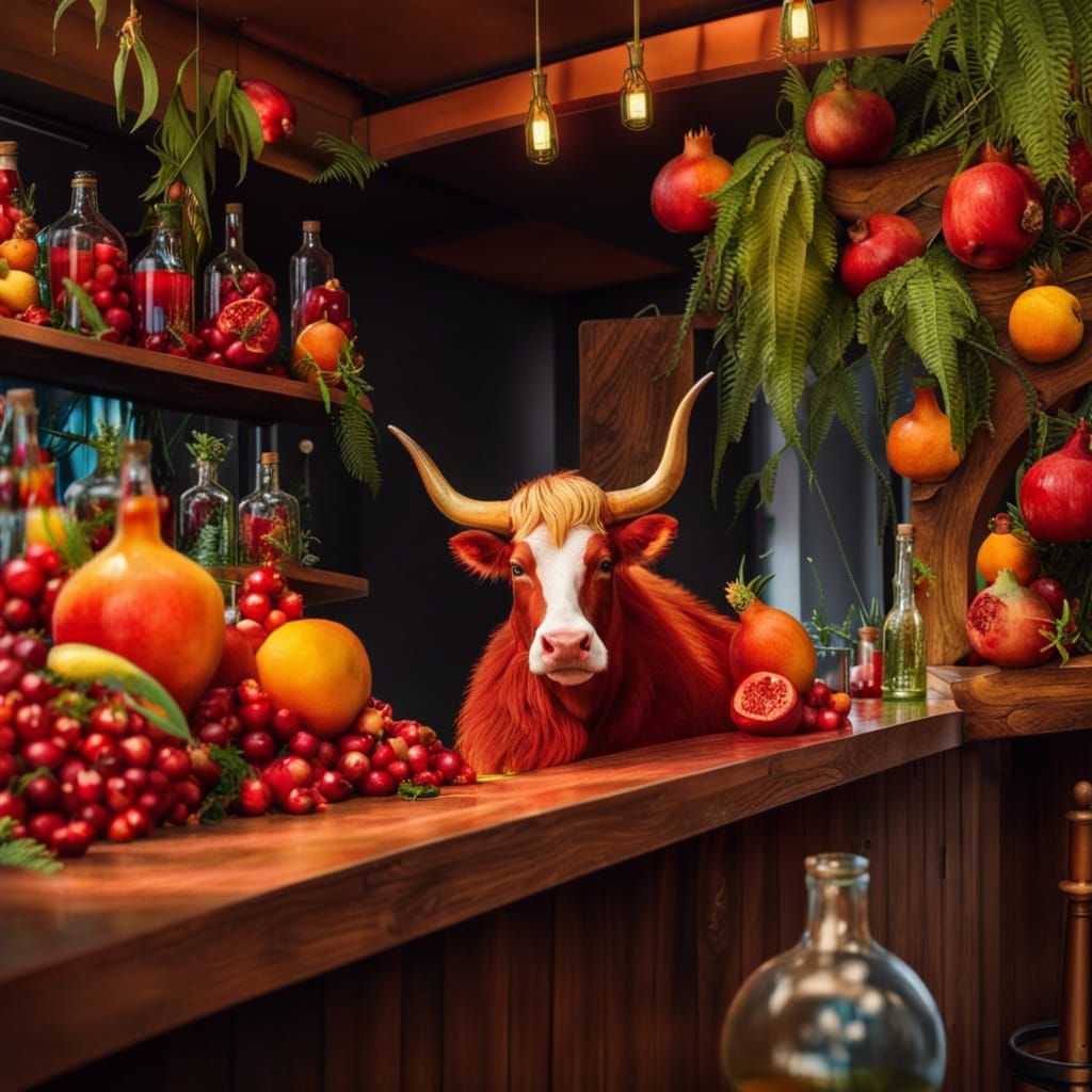 Friendly Red Cow at a Pomegranate Bar