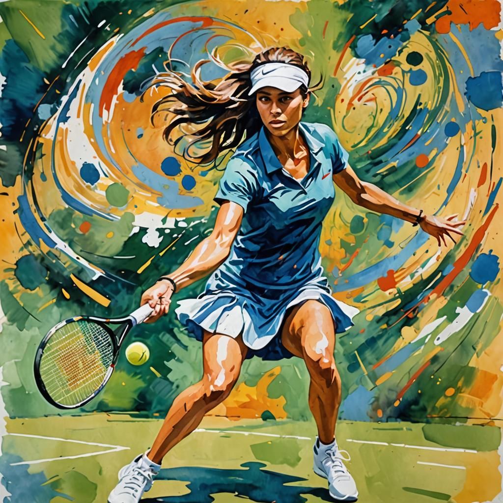 Girl Playing Tennis in Gouache Watercolor Style