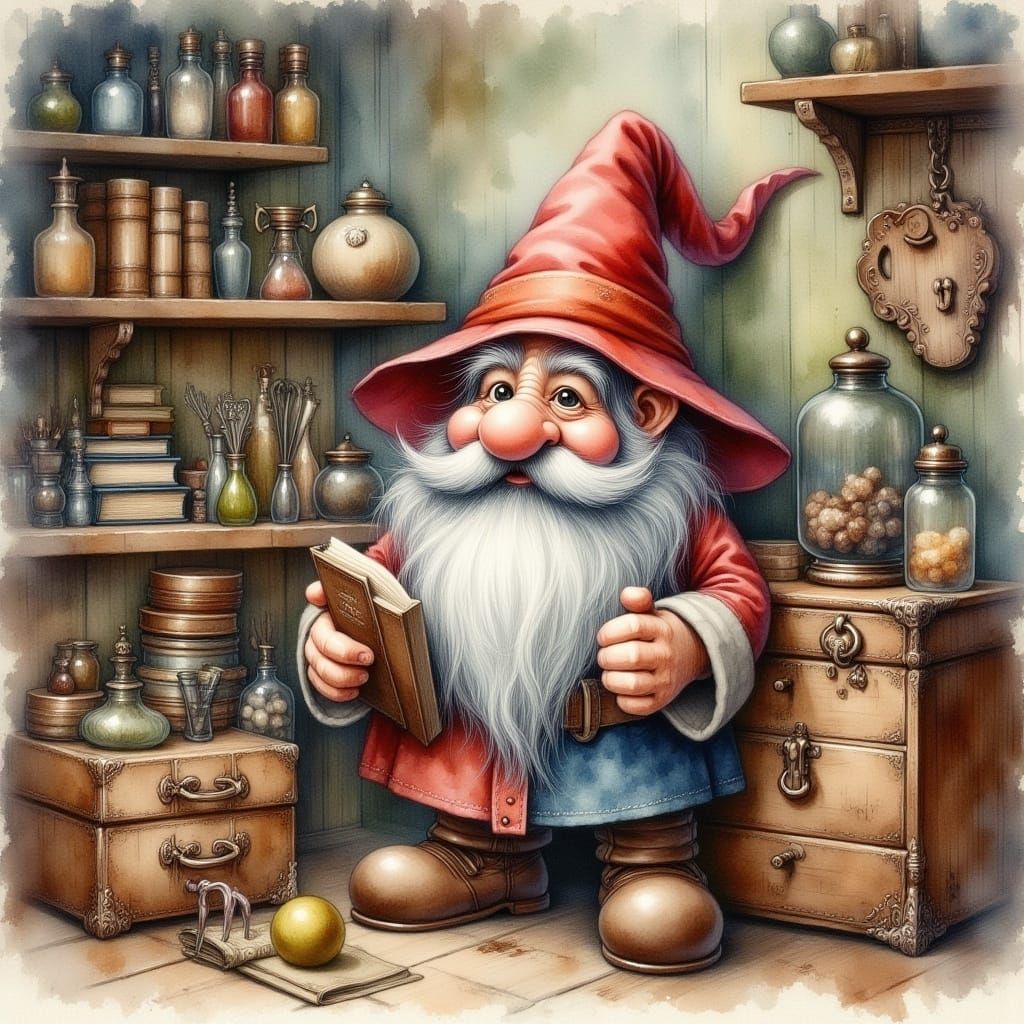 Gnome in Workshop: Gritty Watercolor Art