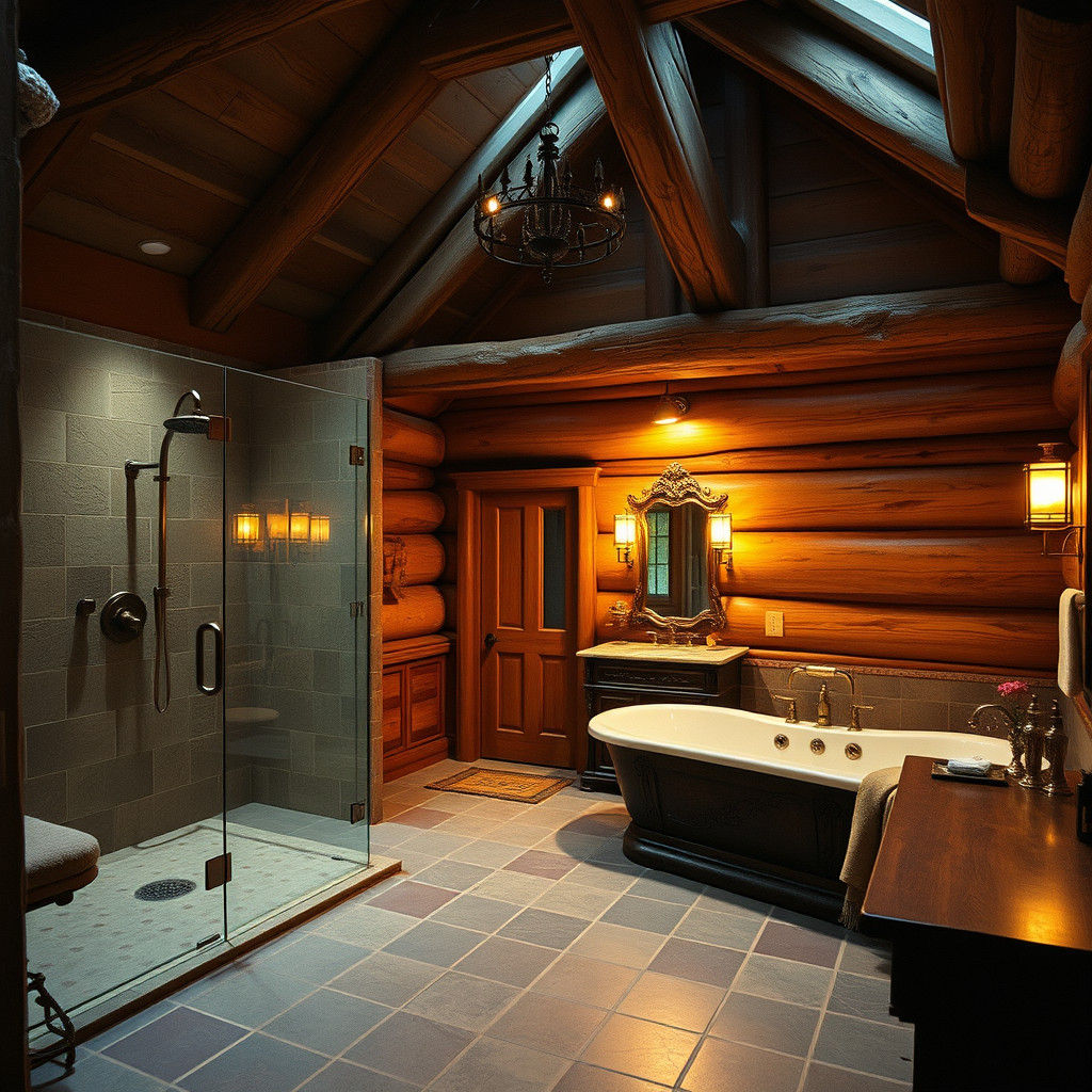 Rustic Log Cabin Master Bathroom in Cinematic Style