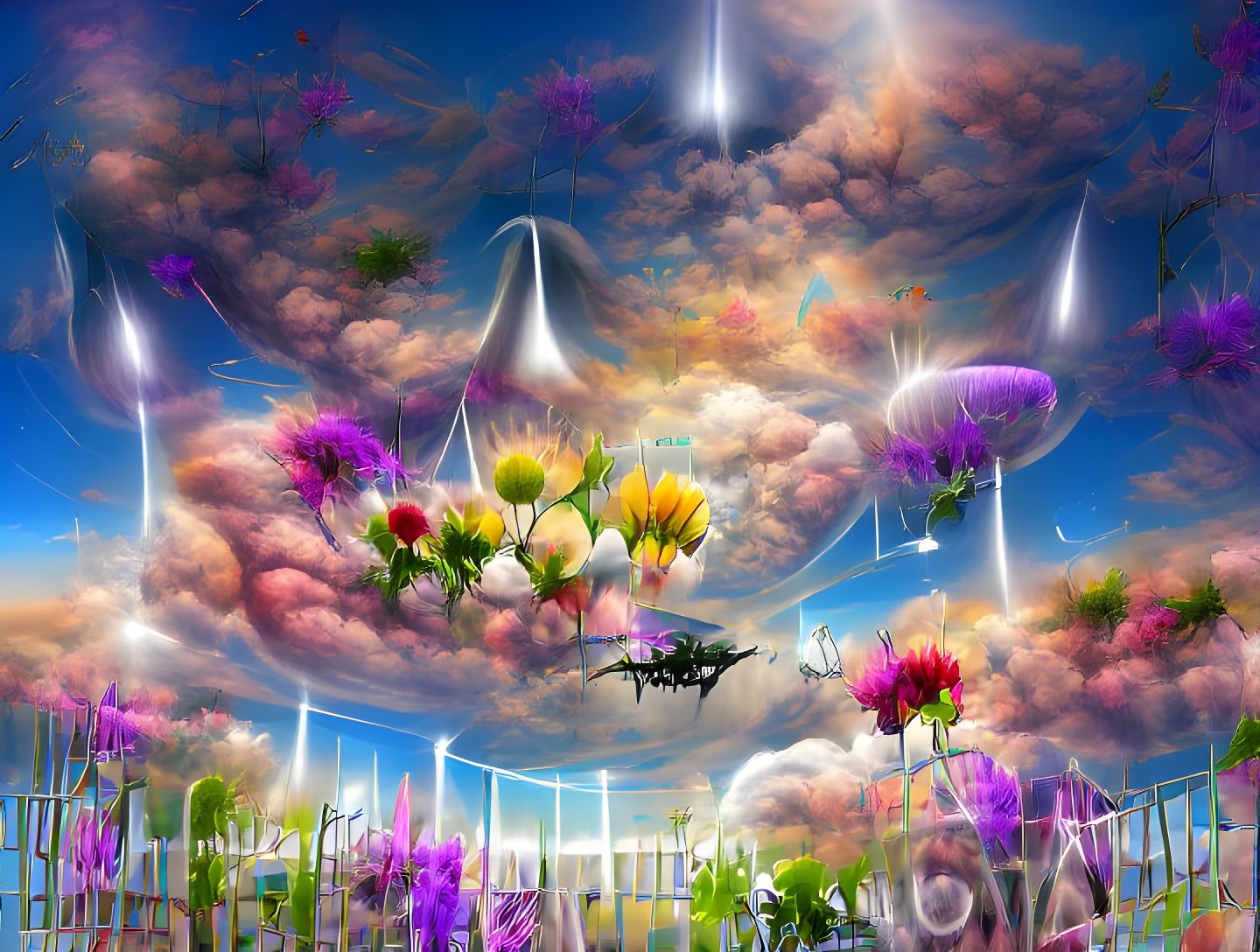 Ethereal Flower Garden in Sky, Digital Illustration