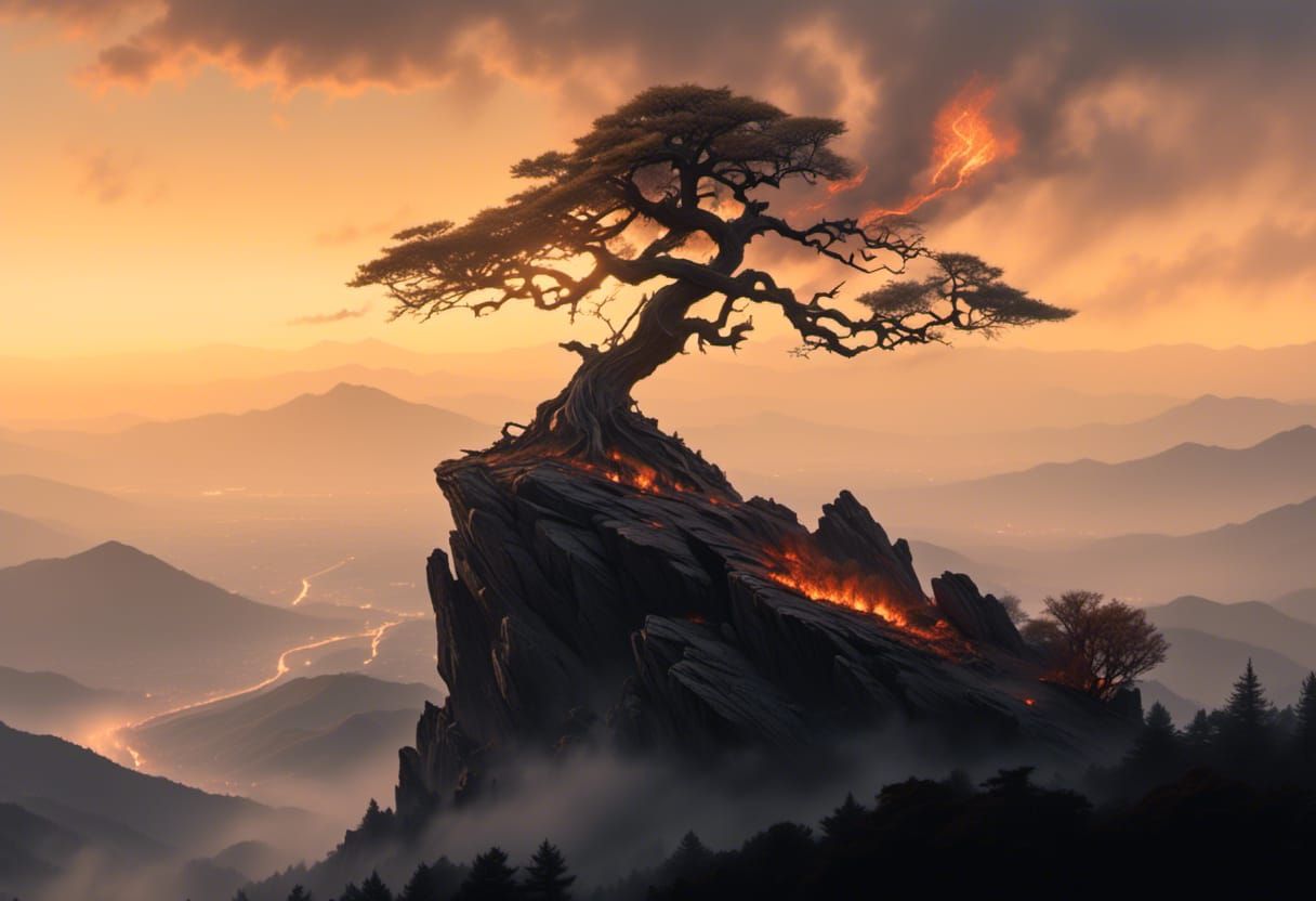 Ember Engulfed Bonsai Tree at Dawn