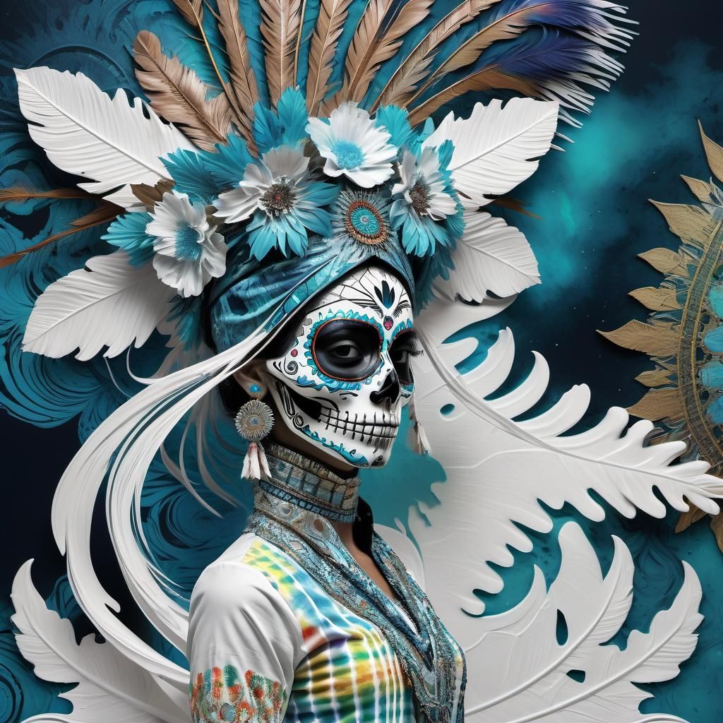 Surreal Sugar Skull with Headdress in Glitchcore Style