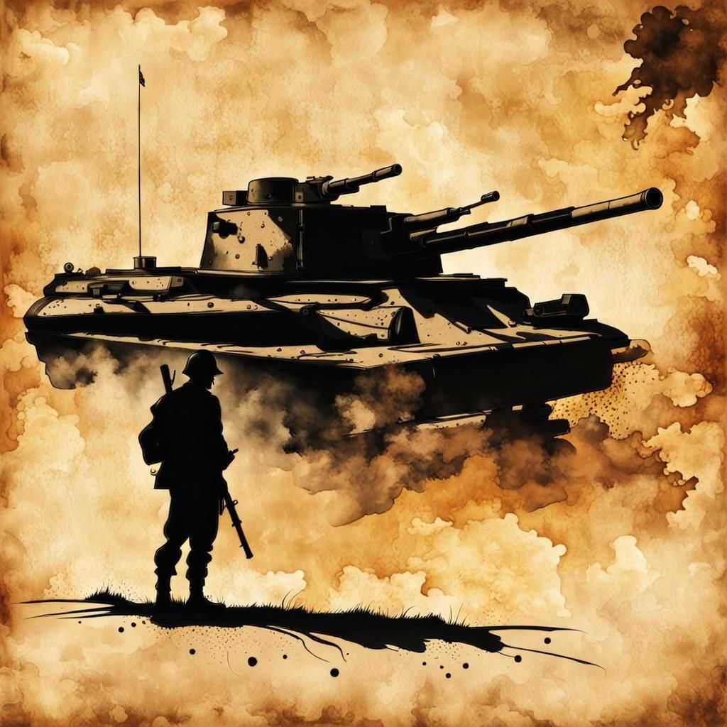 Steampunk Battlefield: Soldier and Tank in Ink