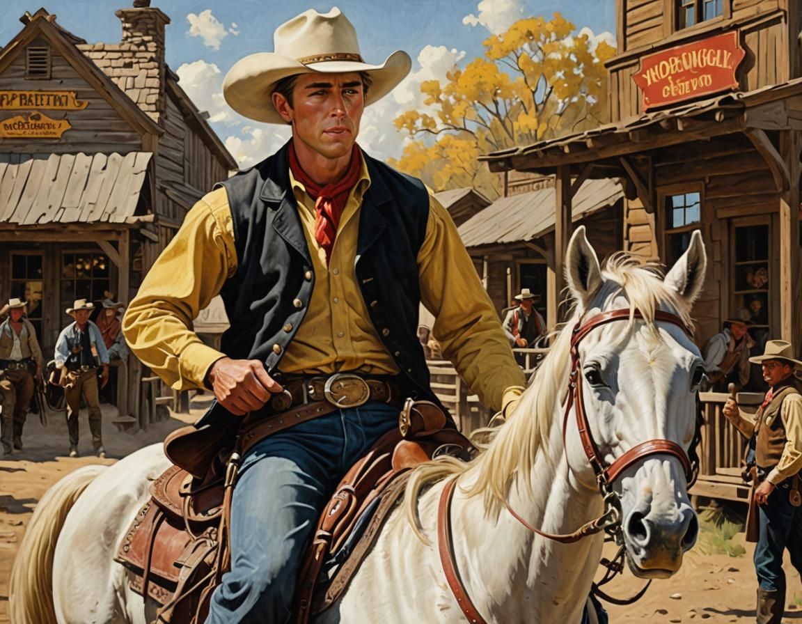 Cowboy on Horseback in Wild West Town