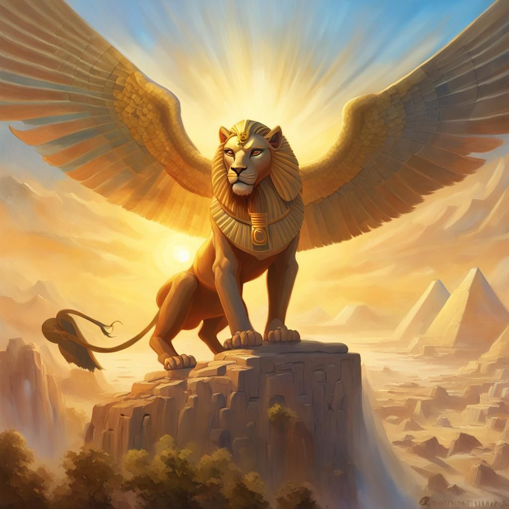 Egyptian Sphinx Soaring in Golden Light, Digital Art