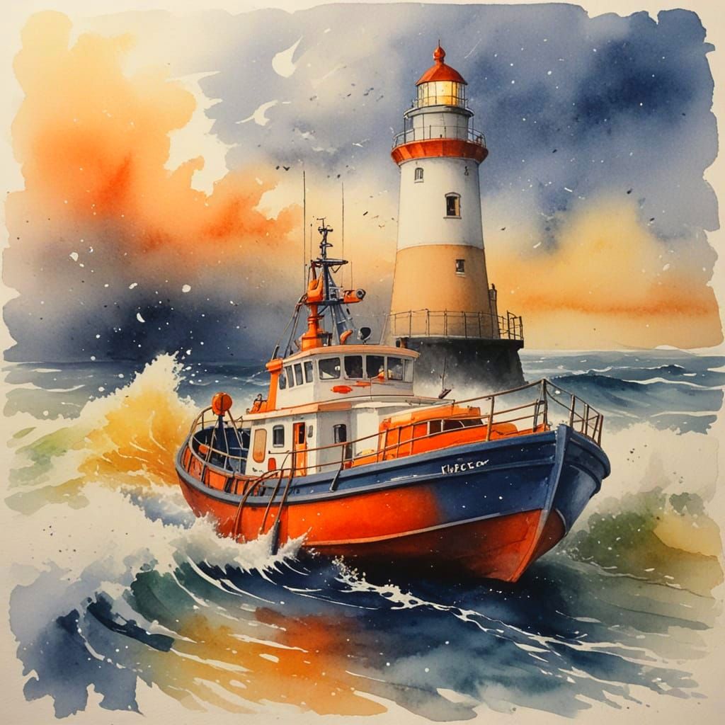 Lifeboat in Midnight Storm Chaos, Watercolour Fastpaint