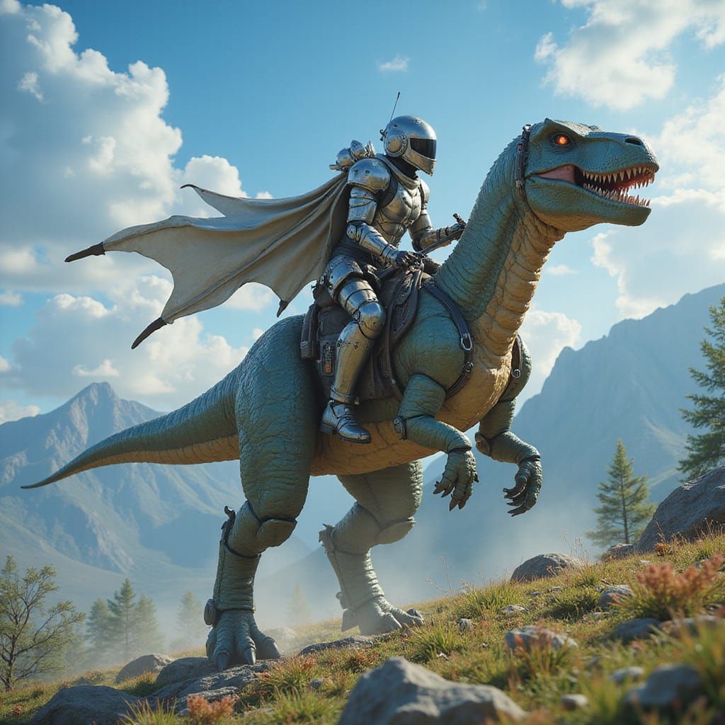 Anime Mecha Pilot on Dinosaur in Runescape Landscape