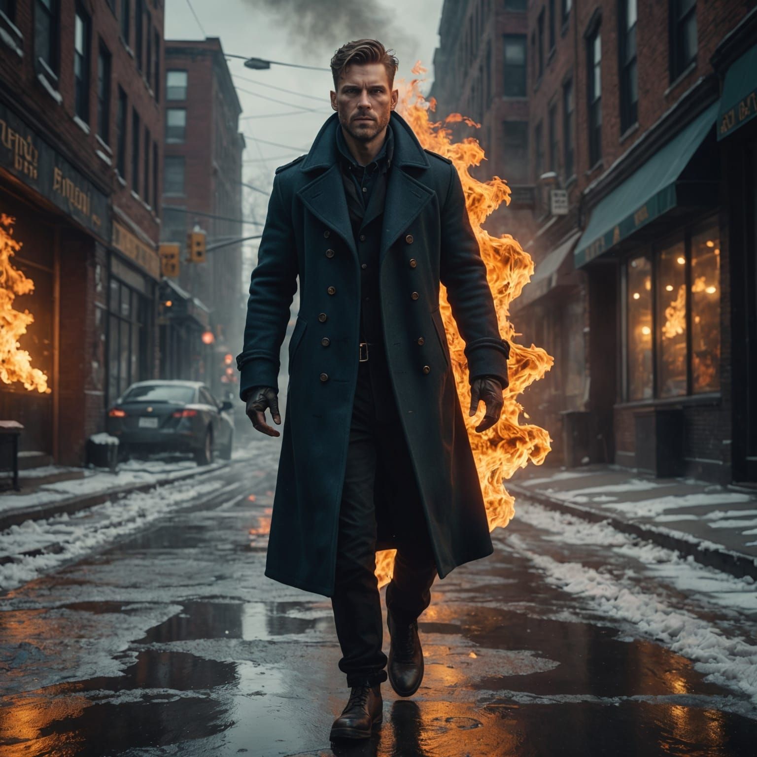 Man on Fire Walking Detroit Street: Detailed Matte Painting