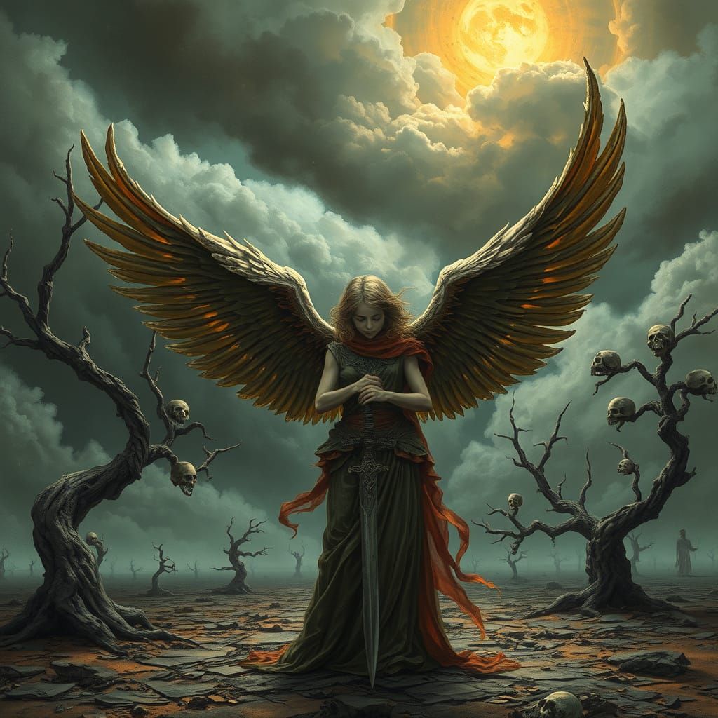 Sorrowful Angel Weeps in Desolate Wasteland