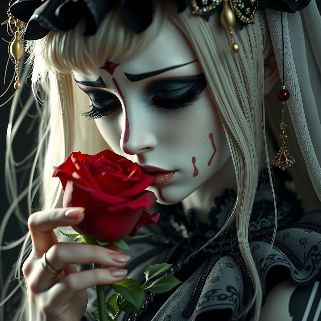 Art Nouveau Girl Kissing Rose in 8K