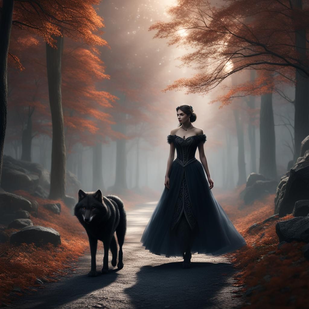Girl with Wolves in Fog: Fantasy Concept Art
