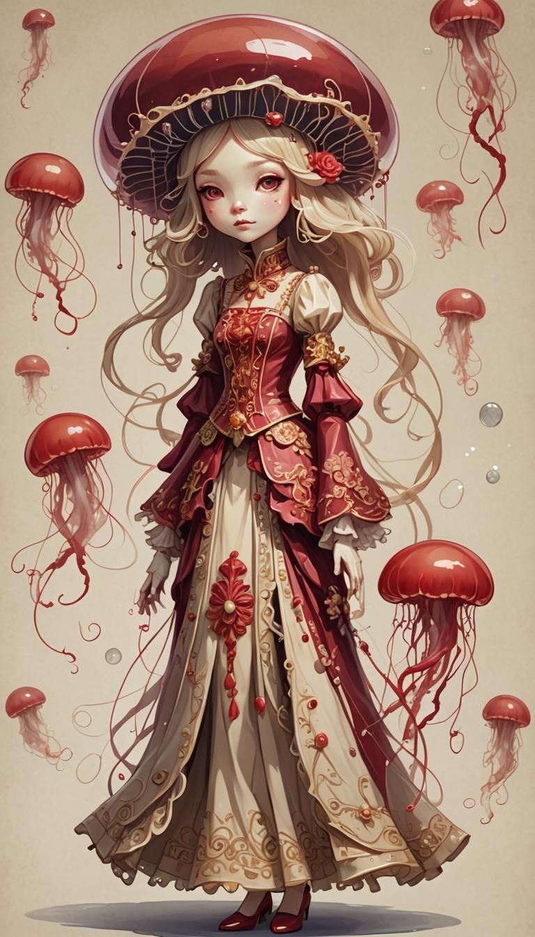 Anthropomorphic Jellyfish Princess in Crimson and Beige