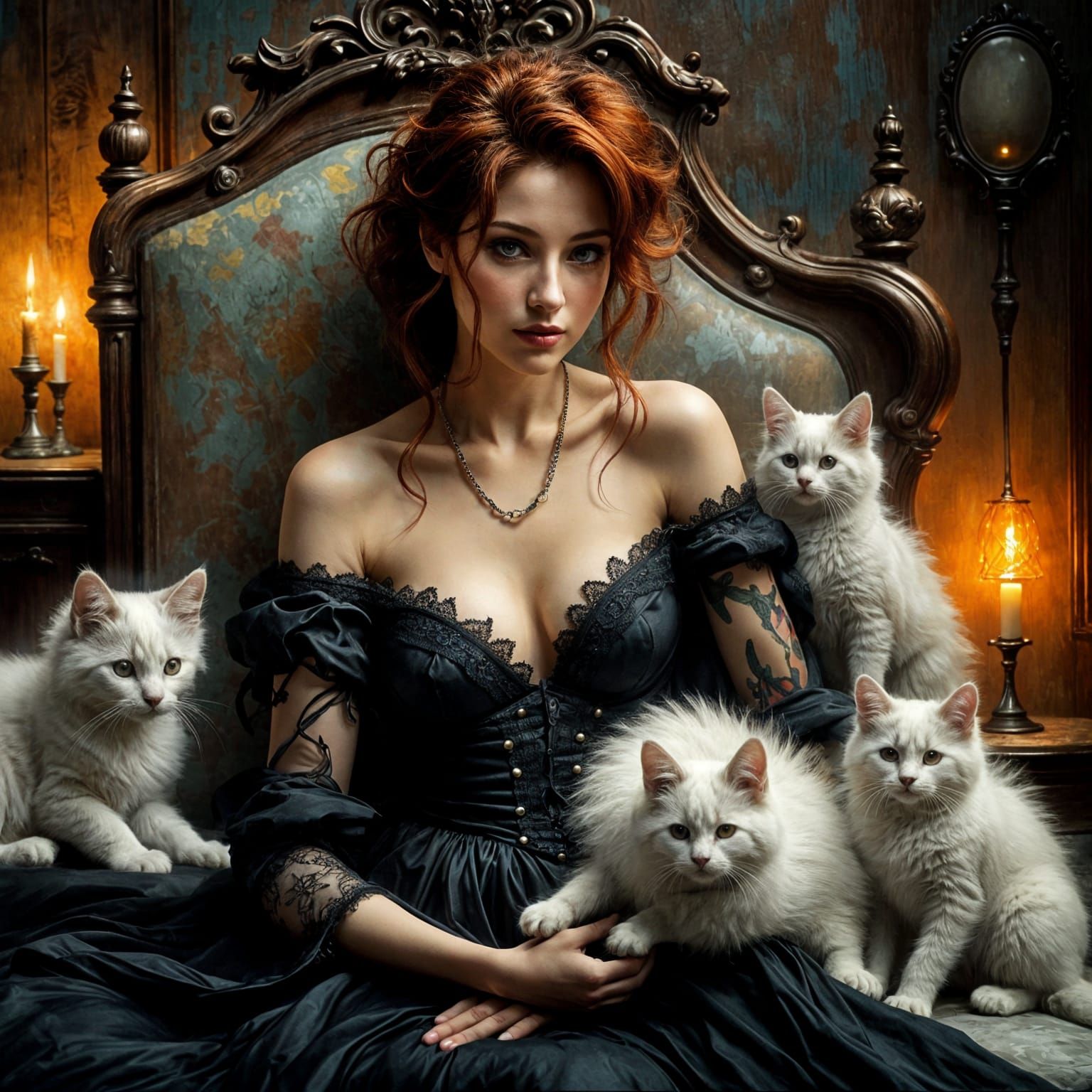 Regal Woman Surrounded by Cats in an Impasto-Style Dreamscap...