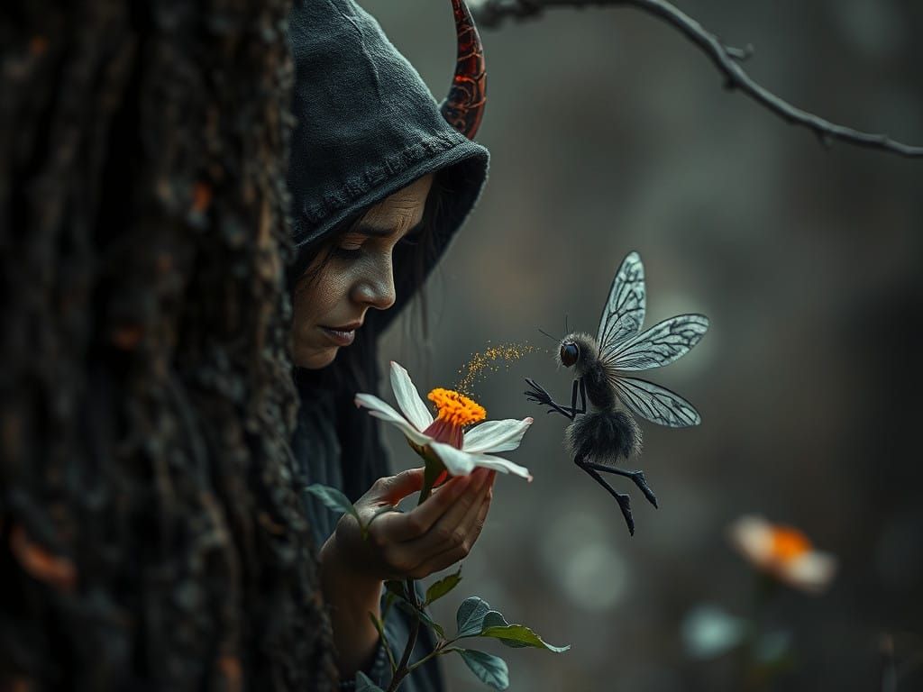 A Witch Hides Behind a Tree, Watching a Fairy Sprinkle Polle...