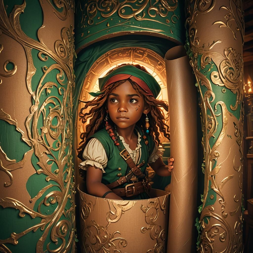 Whimsical Pirate Girl Peers Through Vibrant Cardboard Tube