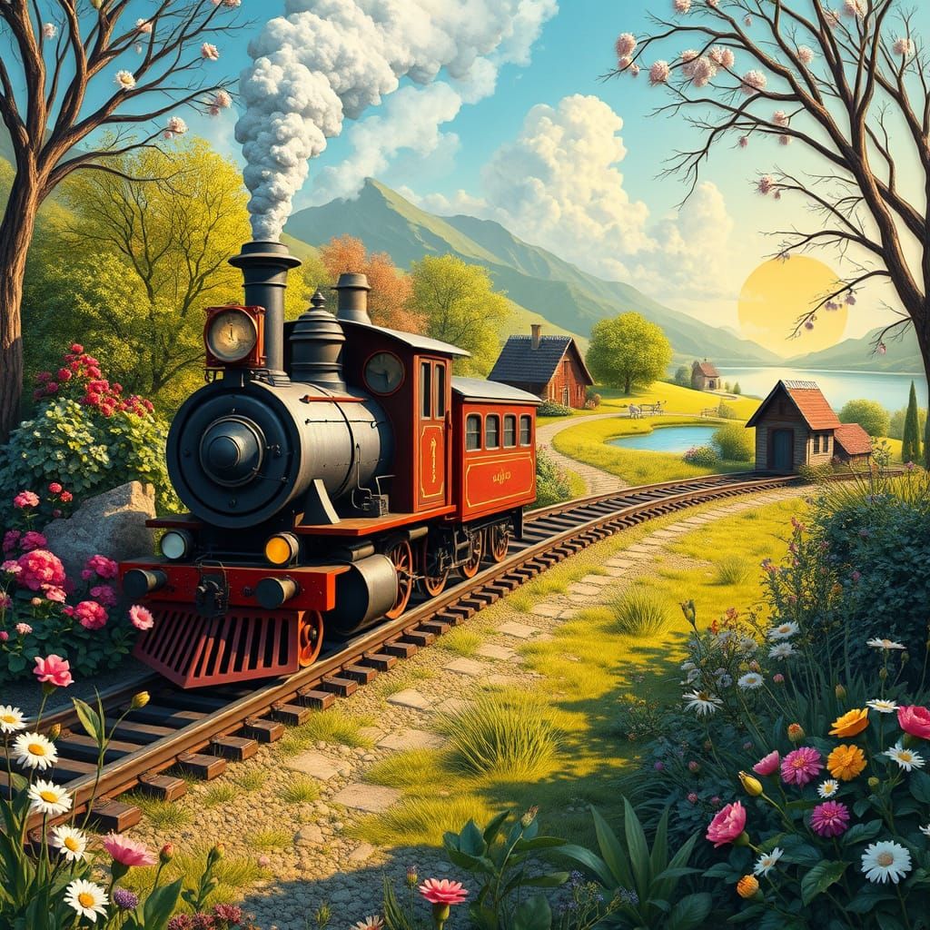 Vintage Locomotive Chugs into Springtime Wonderland