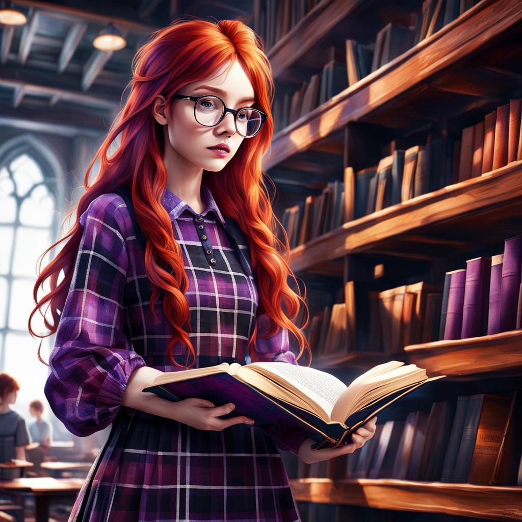 Girl with Red Hair Reading in Library: Digital Painting