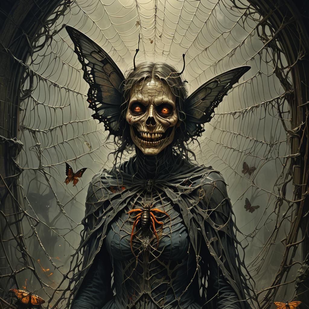 Gory Horror Butterfly Portrait in Spider Web