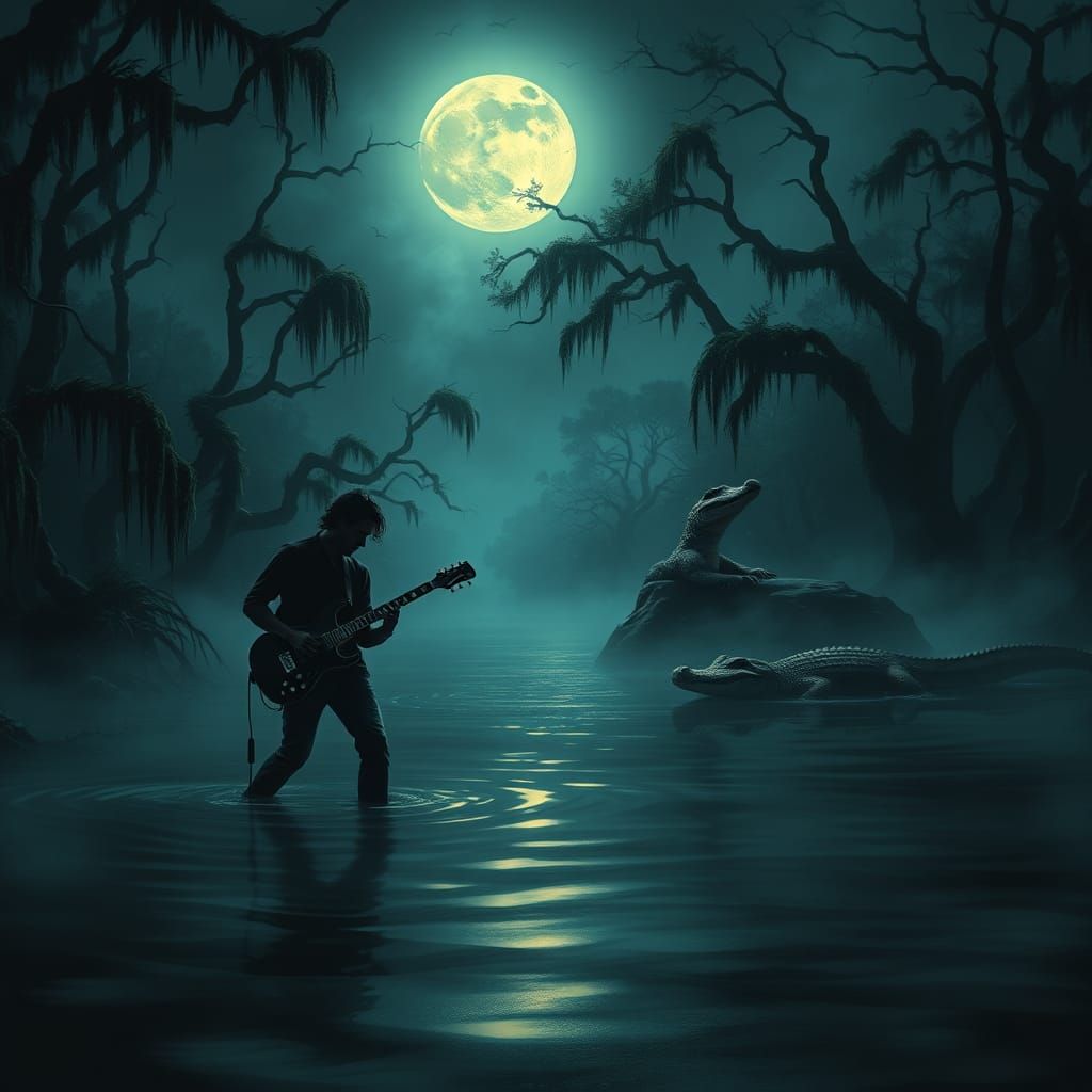 Mystical Bayou Musician in Moonlit Landscape