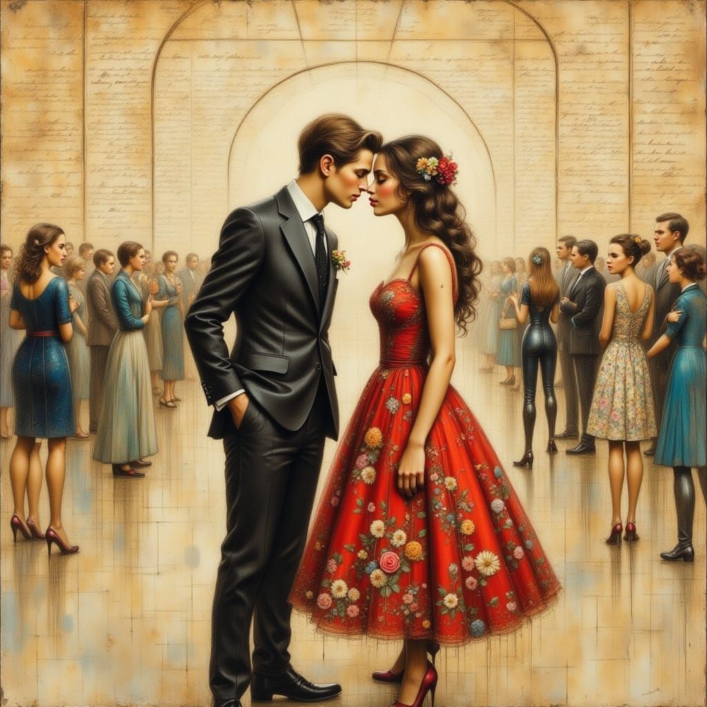 Romantic Encounter Amongst Vintage Letters, in Pop Surreal S...