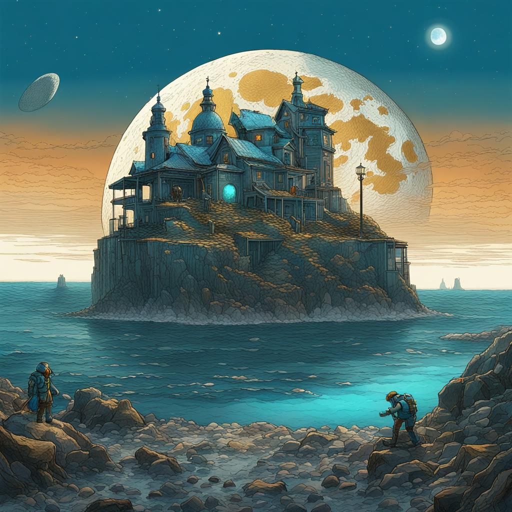 Cosmic Bay Illustration in Mixed Media Style