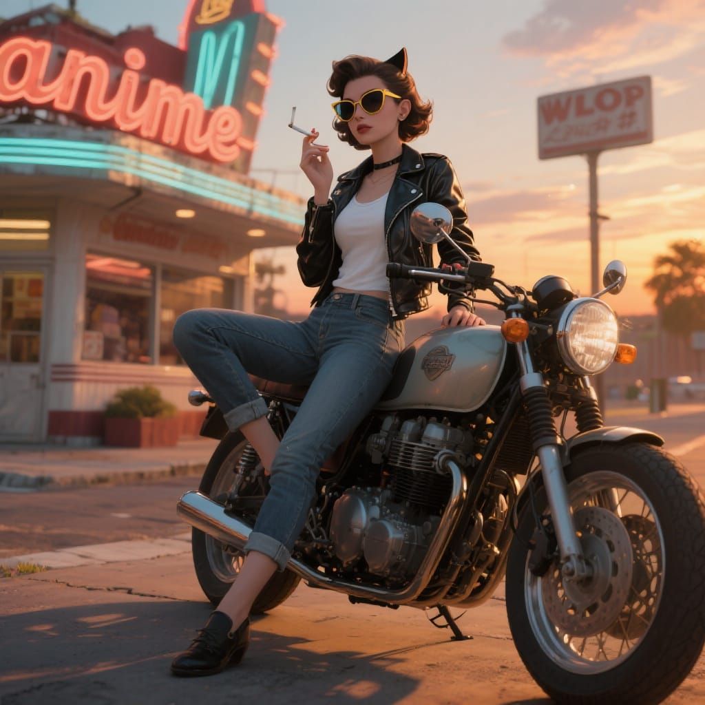 1950s Woman on Motorcycle at Diner in Cinematic Lighting