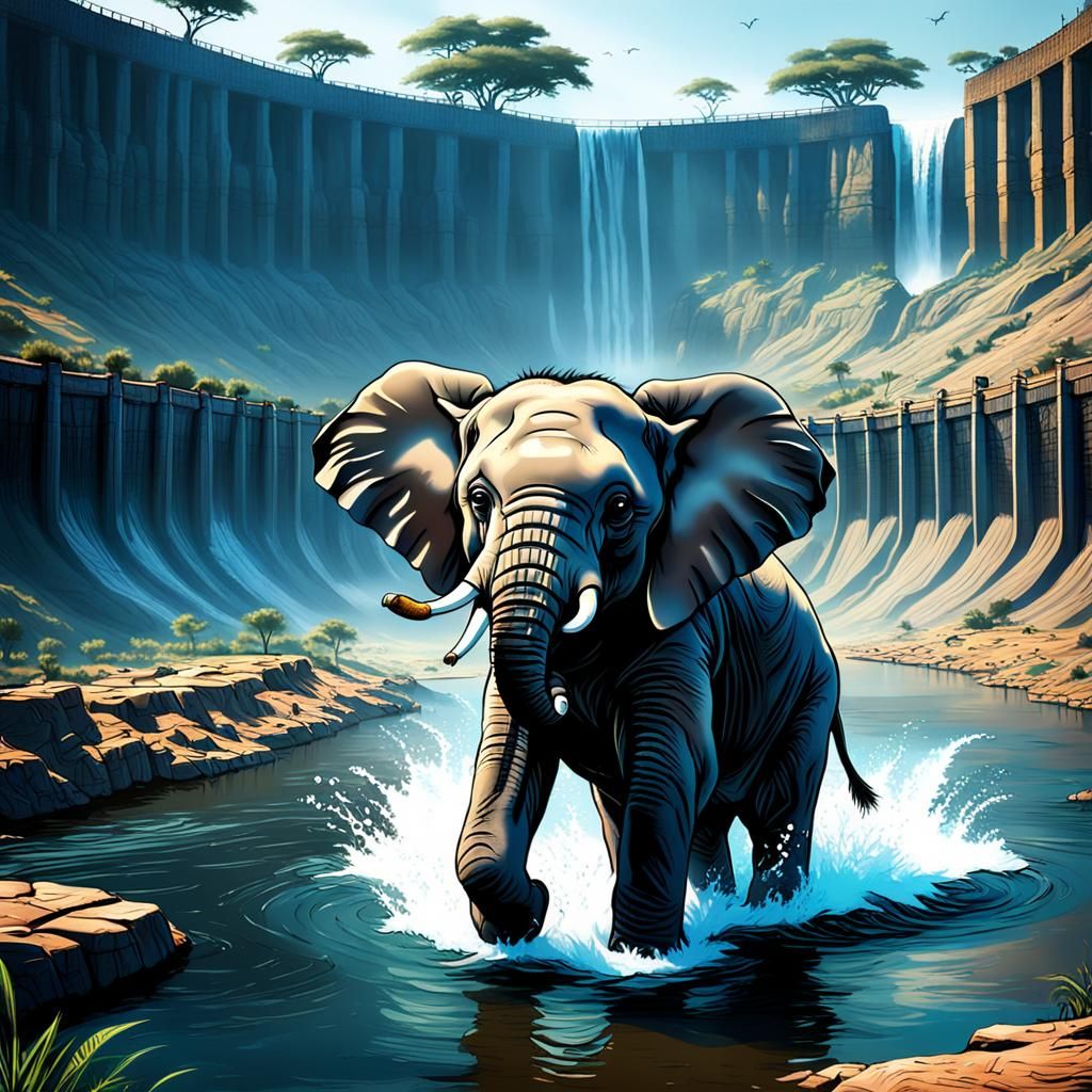 Baby Elephant's First Swim: African Wilderness