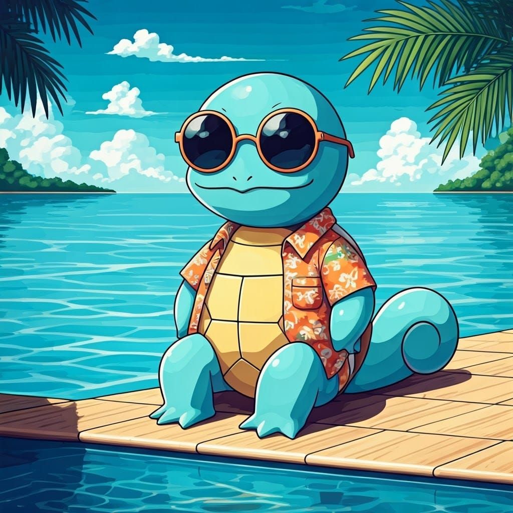 Surreal Poolside Squirtle in Pop Art Style