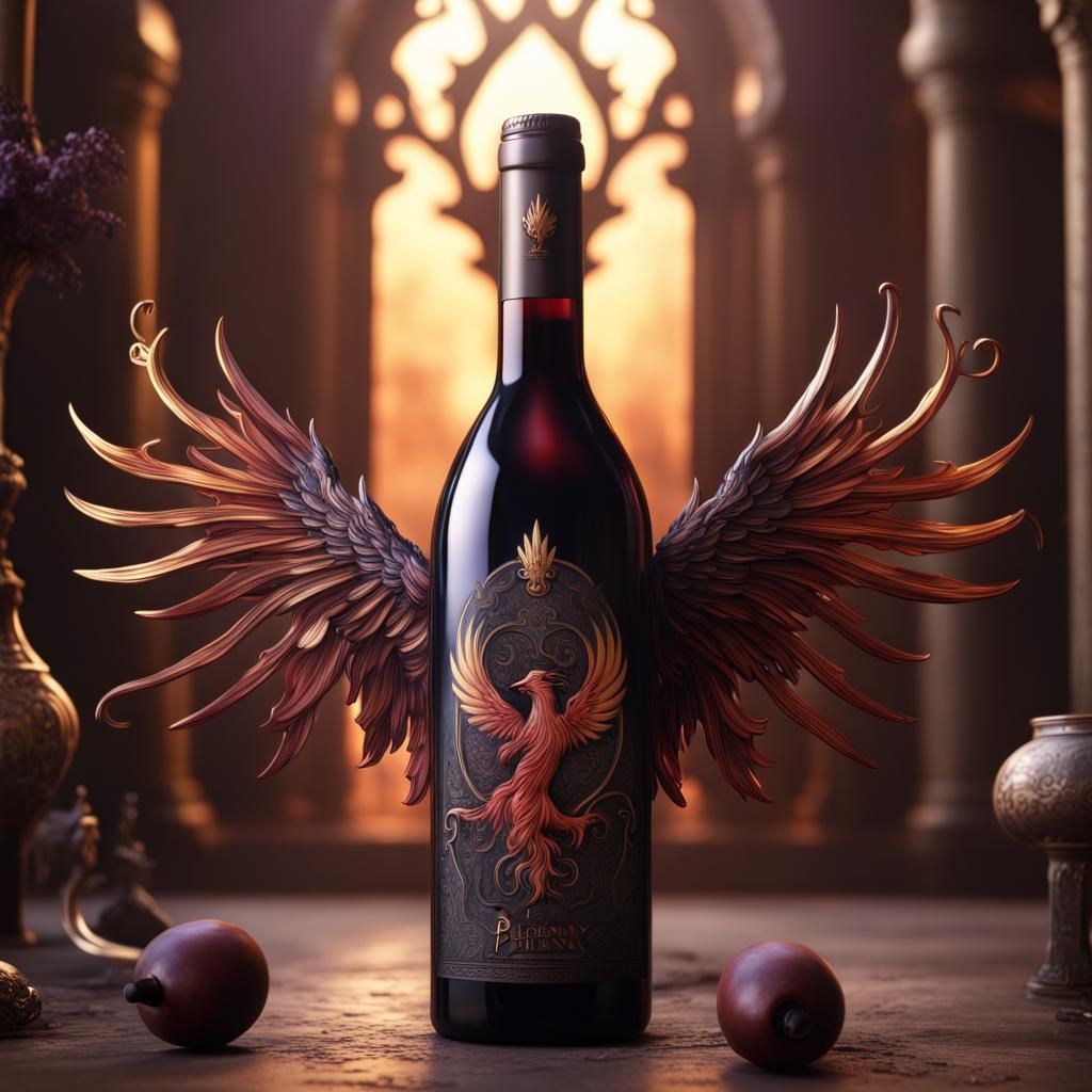 Gothic Phoenix Wine Bottle: Detailed Matte Painting