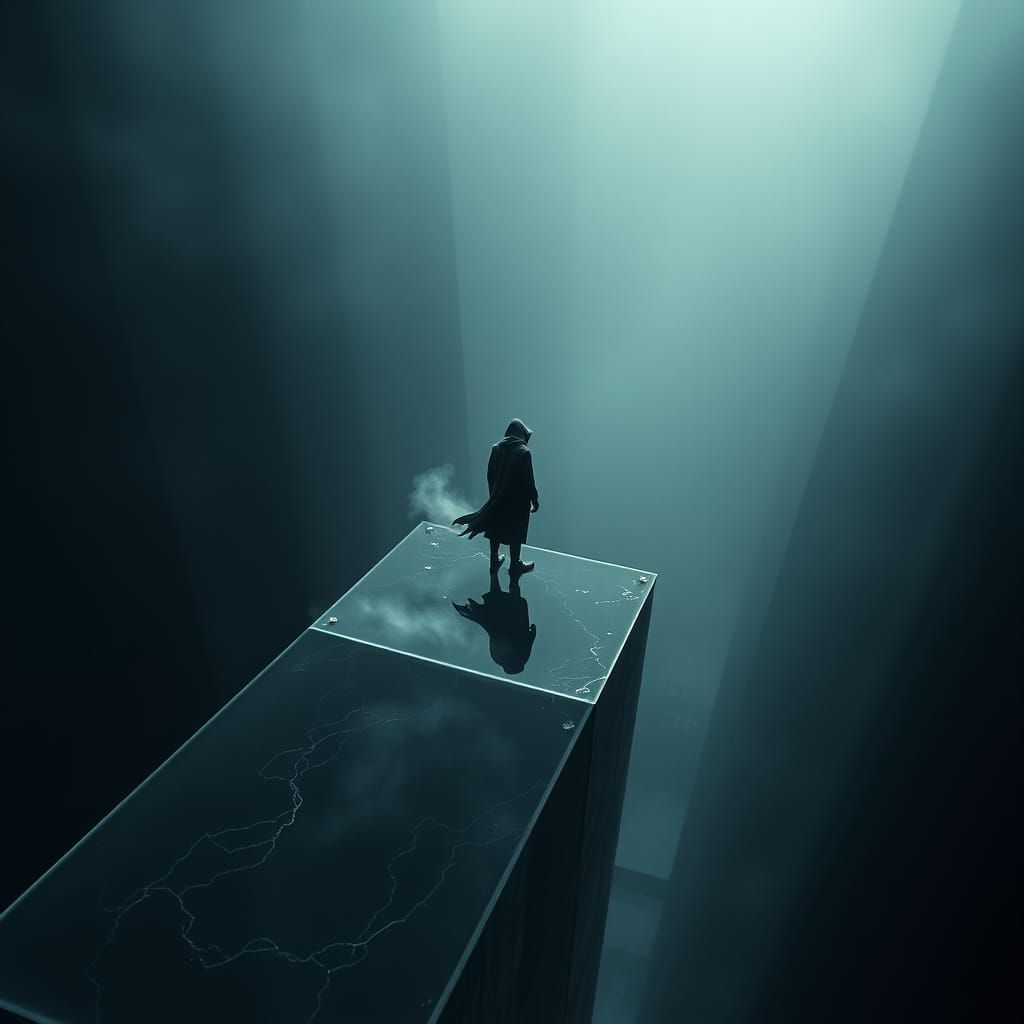 Surreal Figure Stands on Glass Void in Haunting Atmosphere