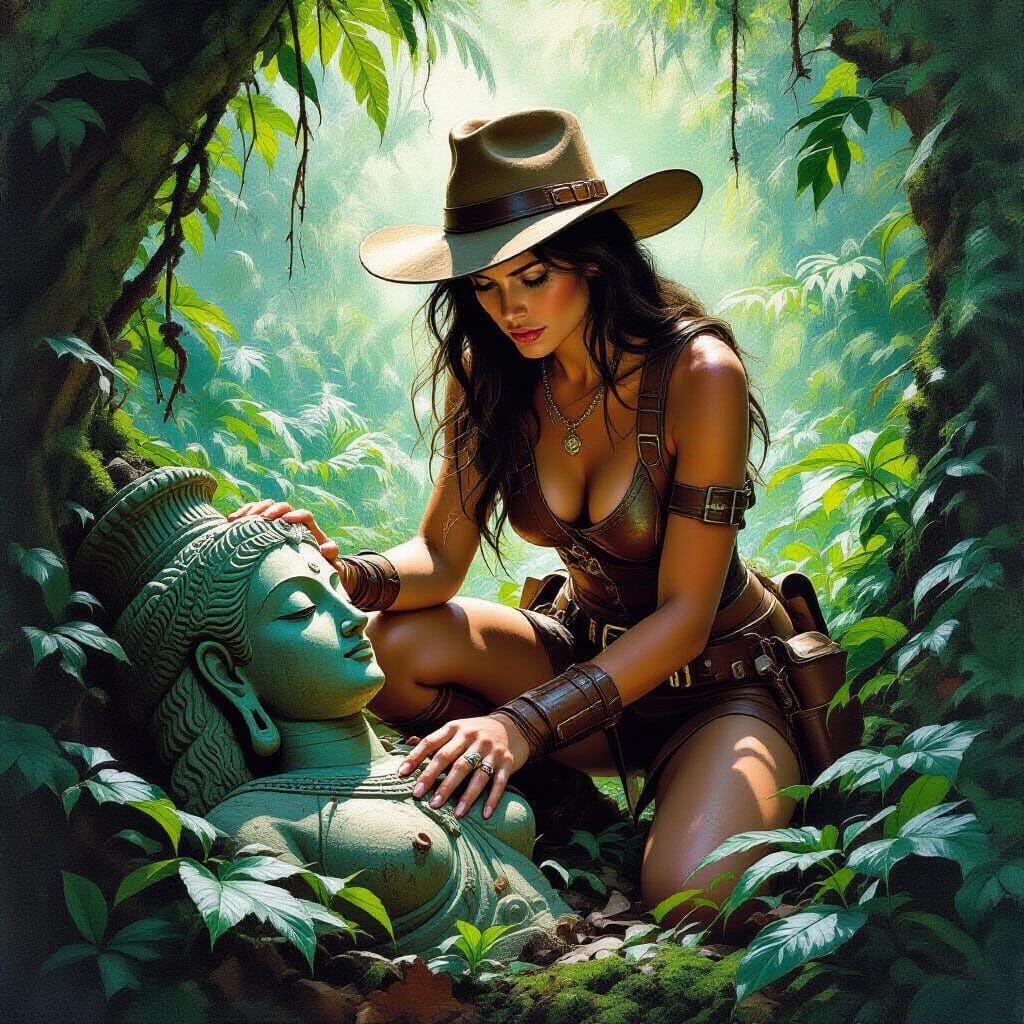 Explorer Uncovers Statue in Fantasy Oil Painting