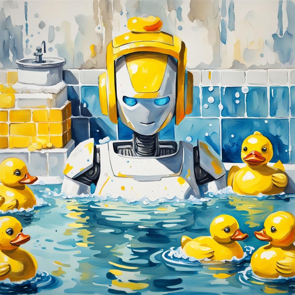 Robot in Bath: Gouache Style Impressionist Painting