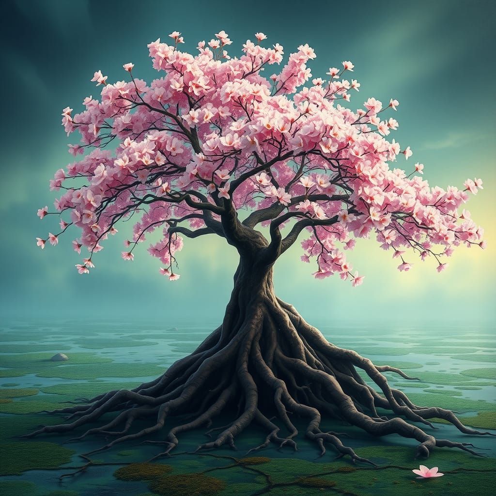 Cherry Blossom Tree in Mangrove: Dreamy Oil Painting
