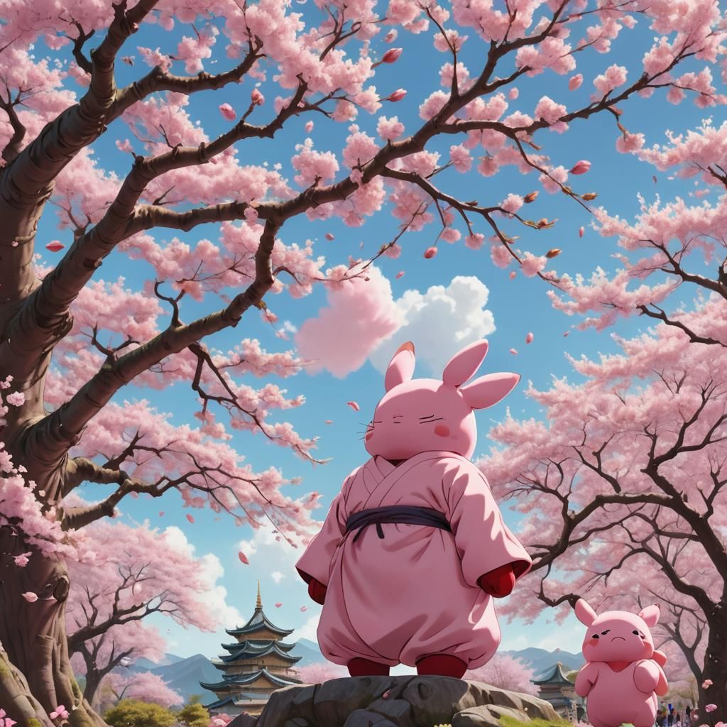Majin Buu and Kirby Under Cherry Blossoms