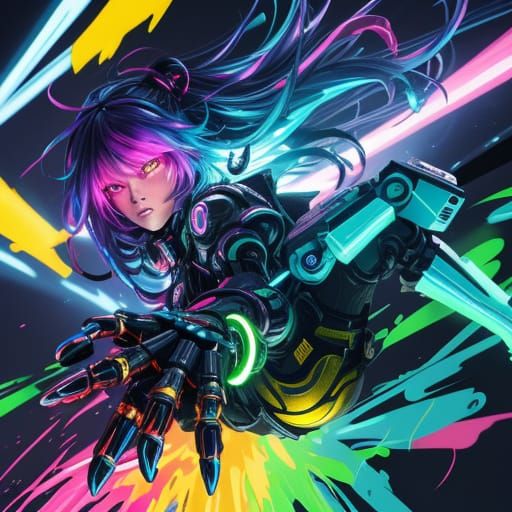 Cybernetic Anime Girl Attacks in Graffiti Art Style