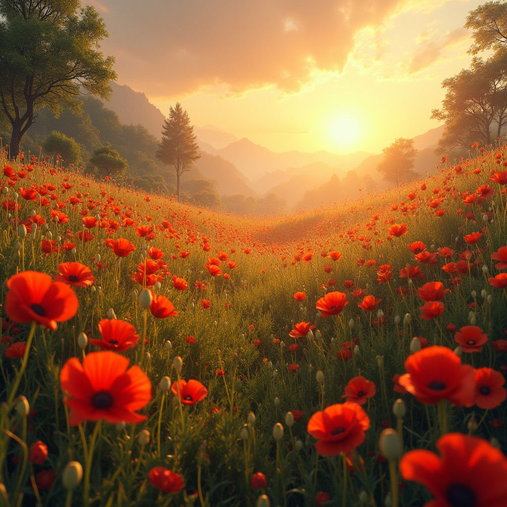 Enchanted Poppy Meadow at Sunset in Hyperreal Style