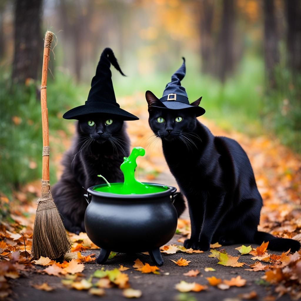 Friendly Witch with Cauldron, Cat, and Broomstick