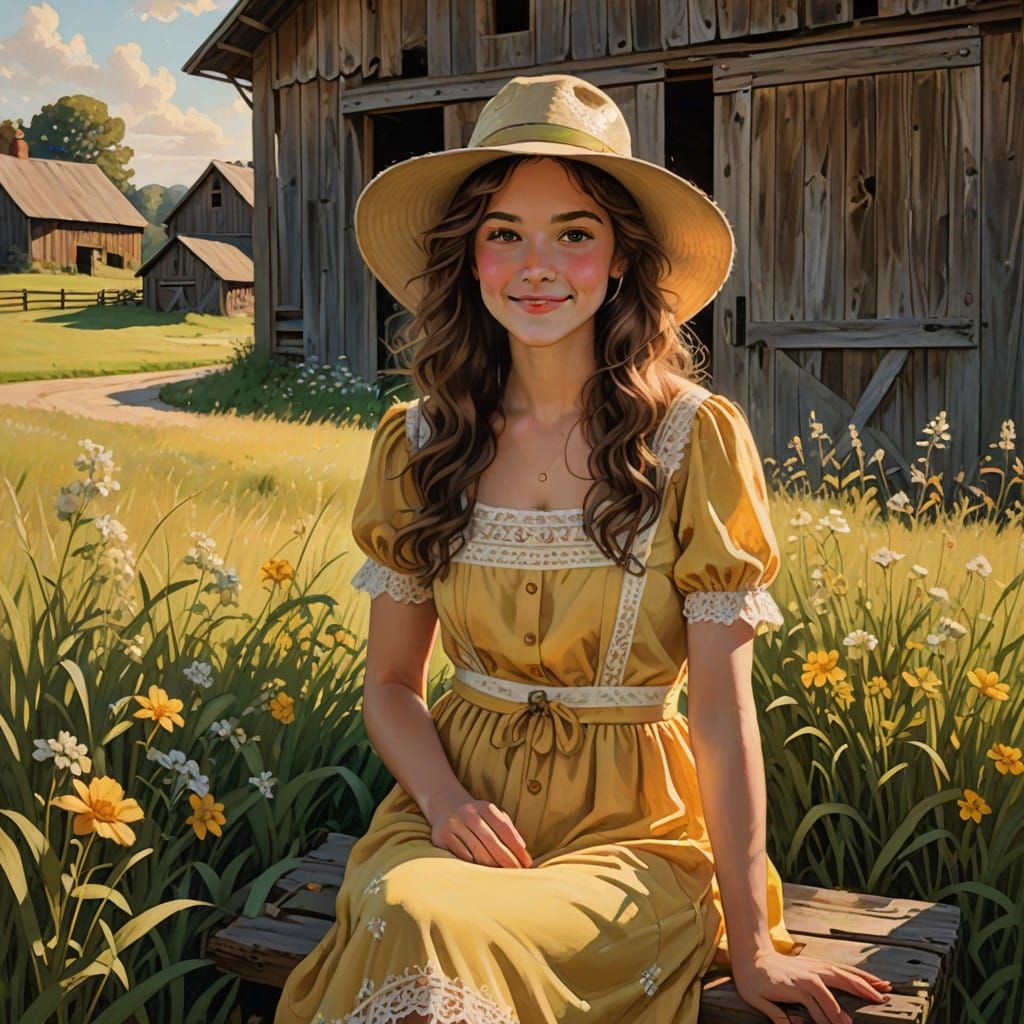 Young Girl with Cat in Serene Rural Landscape