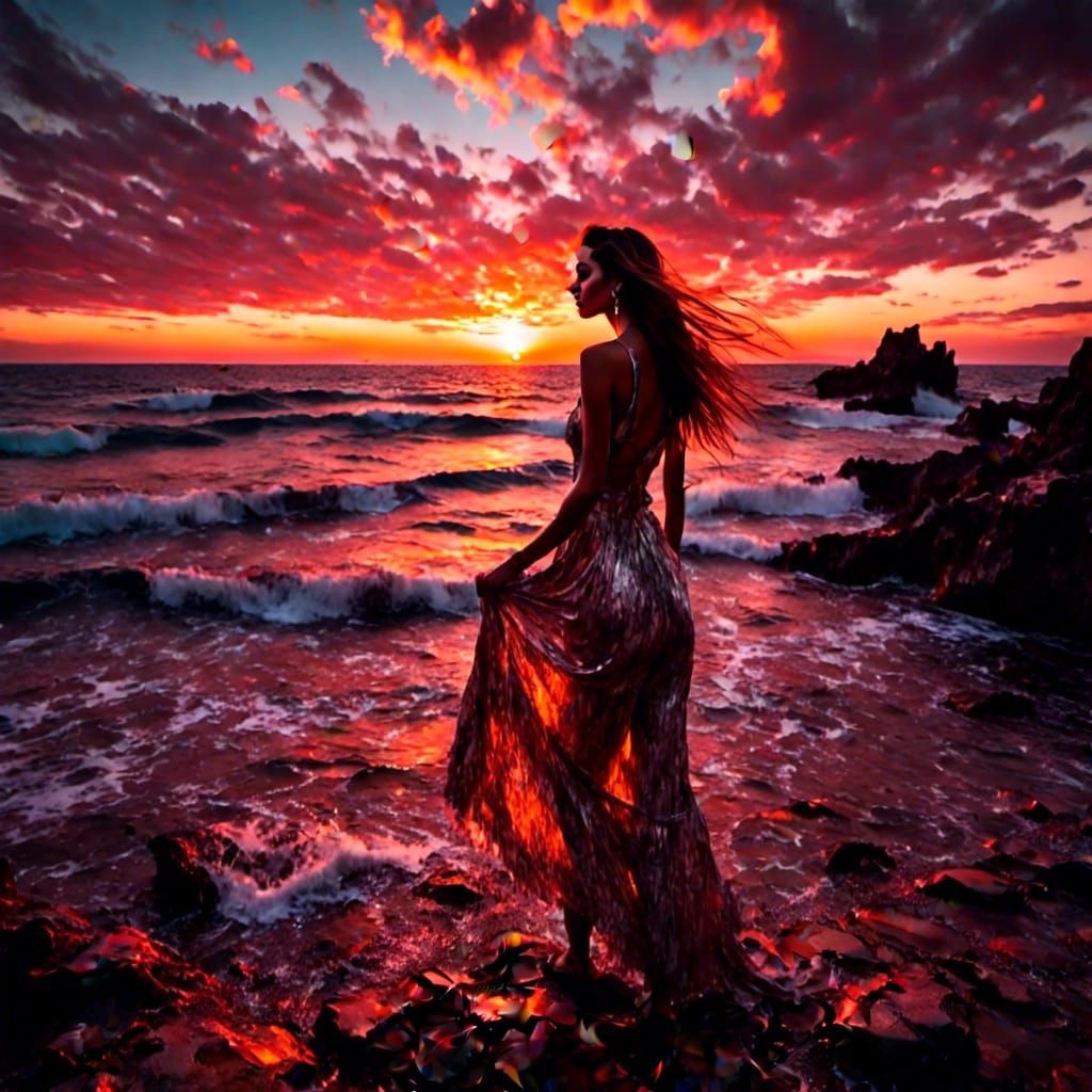 Girl Silhouetted Against Sunset in Brushwork Style