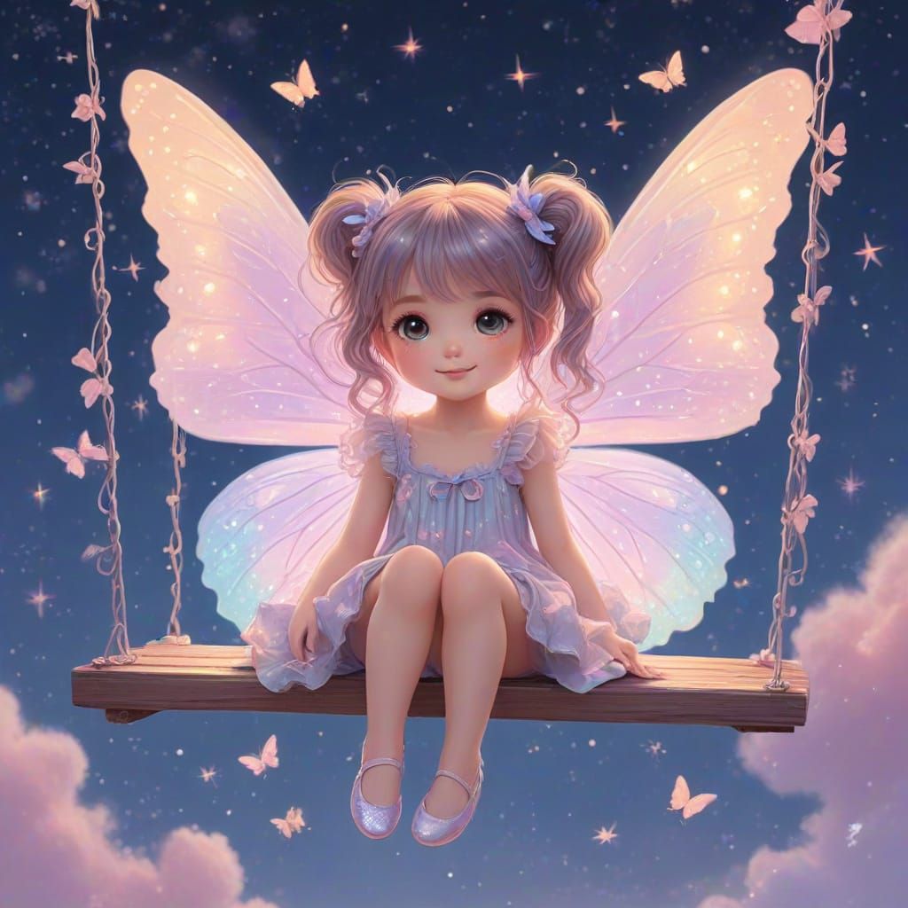 Cute Girl on Swing with Kitten in Dreamy Pastel Fantasy Art