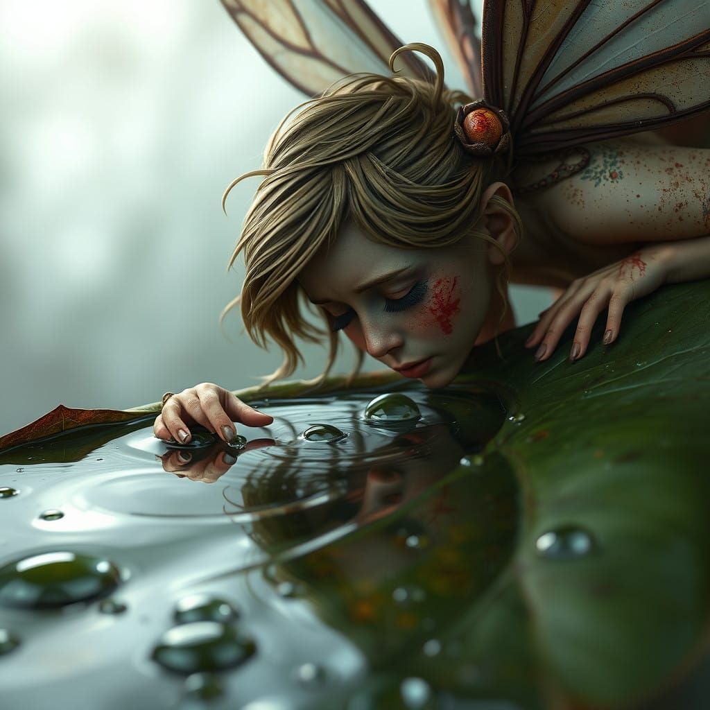 Wounded Fairy Finds Refreshment in Dewy Leaf