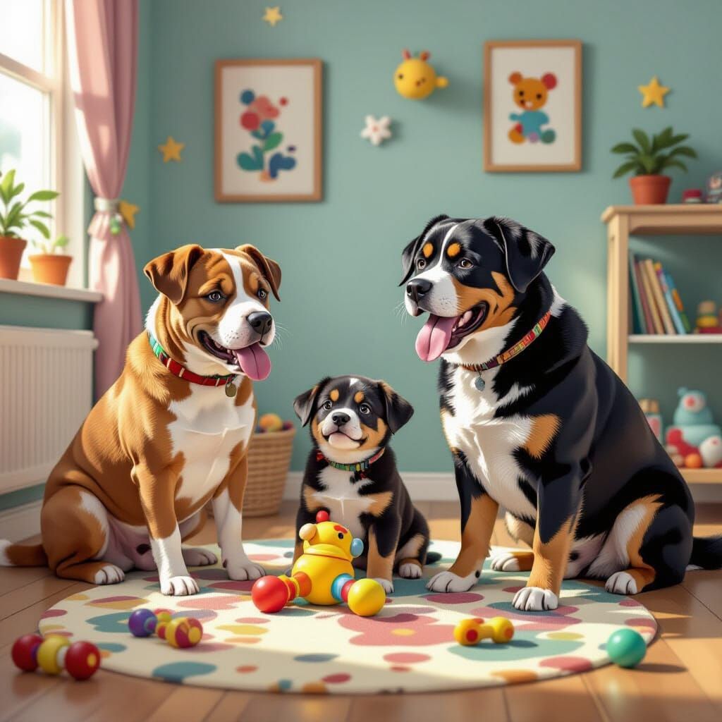 Dogs in Clothes Play in Messy Room