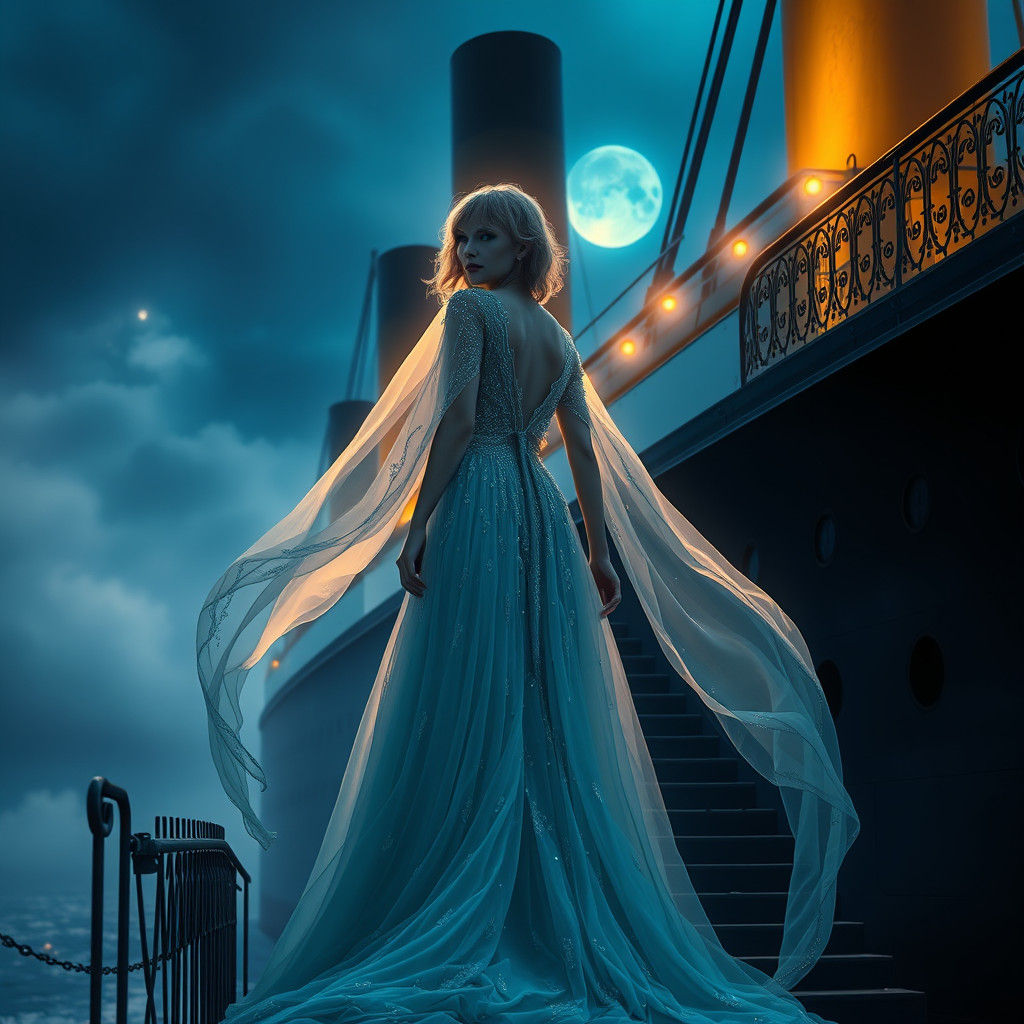 Ethereal Woman on Titanic in Sci-Fi Style