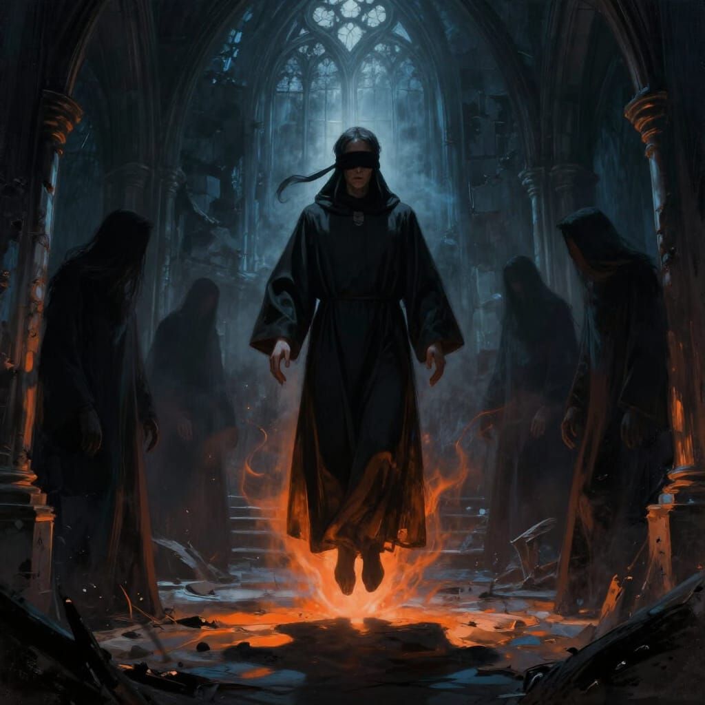 Priest Levitates in Ruined Chapel Dark Fantasy Art