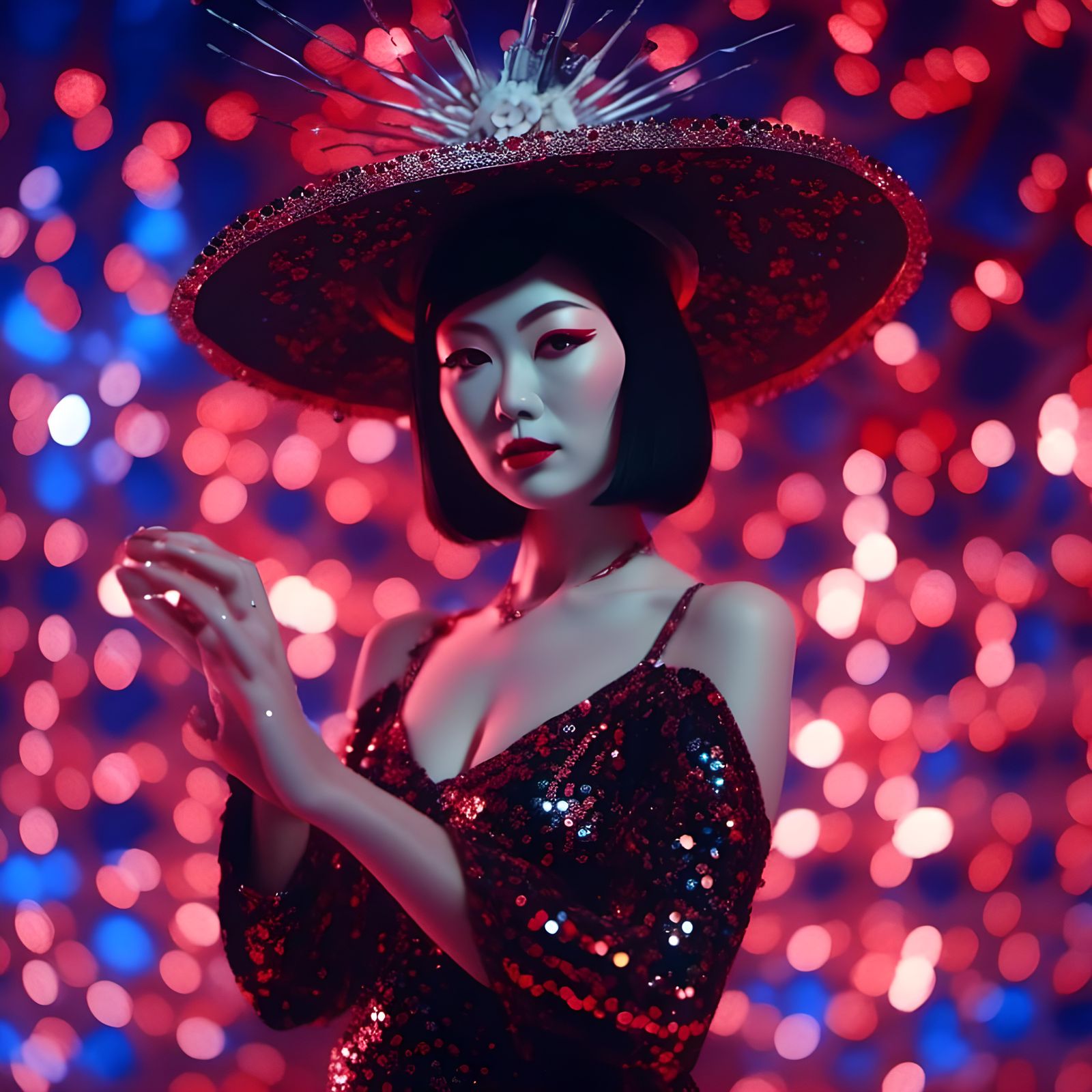 Geisha in Club with Cowboy Hat: Hyperrealistic Image