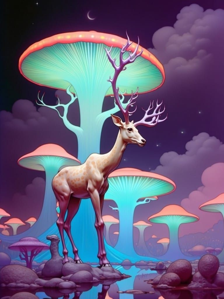 Iridescent Mushrooms in a Whimsical Sci-Fi Forest