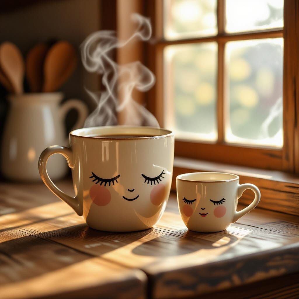 Cozy Coffee Cups with Sleepy Faces in Morning Light